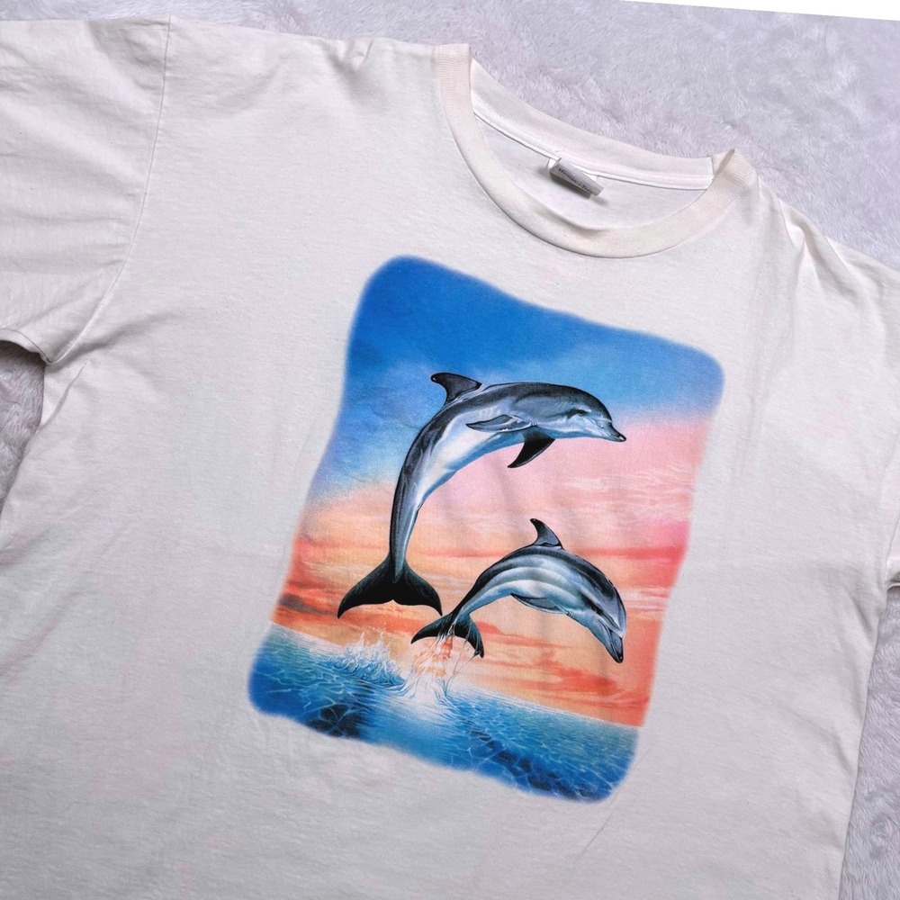 Vintage 90s Dolphins Sunset Nature Human-i-Tees Graphic T-Shirt Mens XXL White